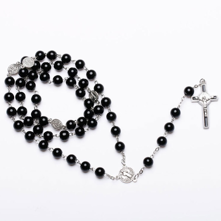 Custom Black Enamel Cross Rosary Necklace